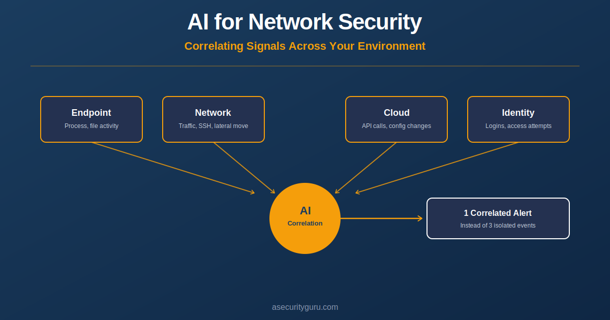 Diagram showing AI correlating endpoint, network, cloud, and identity signals into a single alert