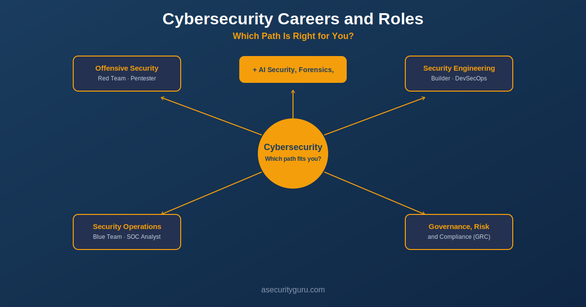 Diagram showing four cybersecurity career paths branching from a central Cybersecurity node: Offensive Security, Security Operations, Security Engineering, and Governance Risk and Compliance