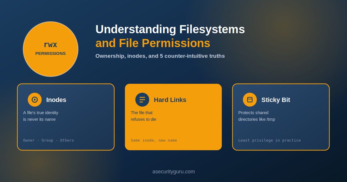 Filesystem permissions diagram covering inodes, hard links, and the sticky bit for protecting shared directories