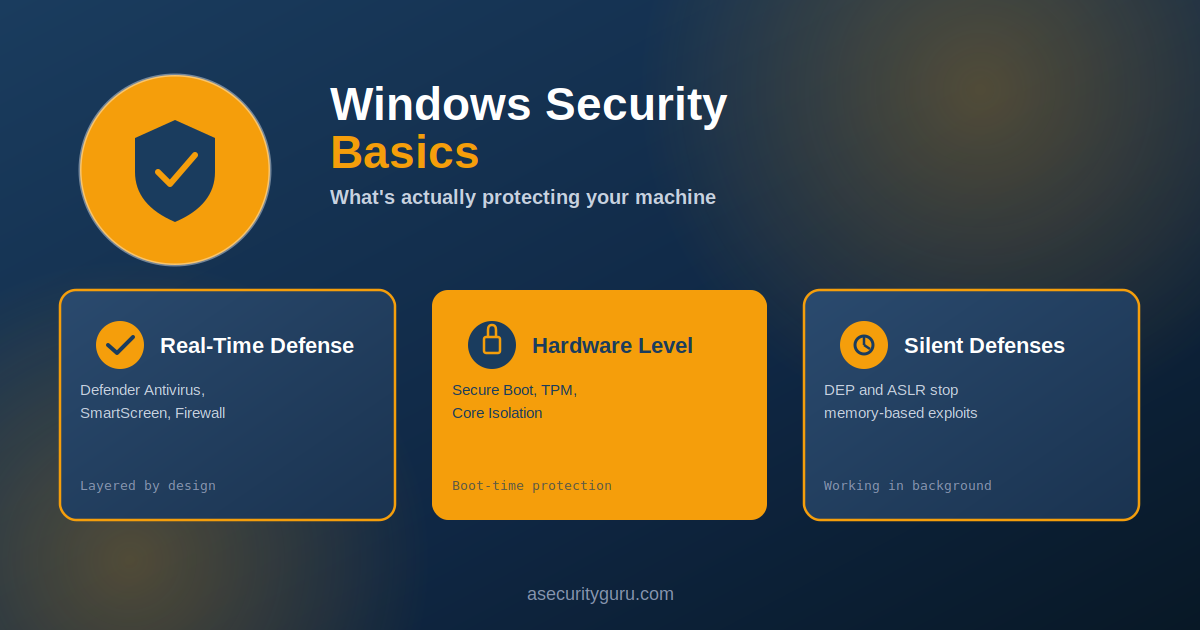 Windows Security layers showing real-time defense with Defender Antivirus, hardware-level protection with Secure Boot and TPM, and silent defenses like DEP and ASLR